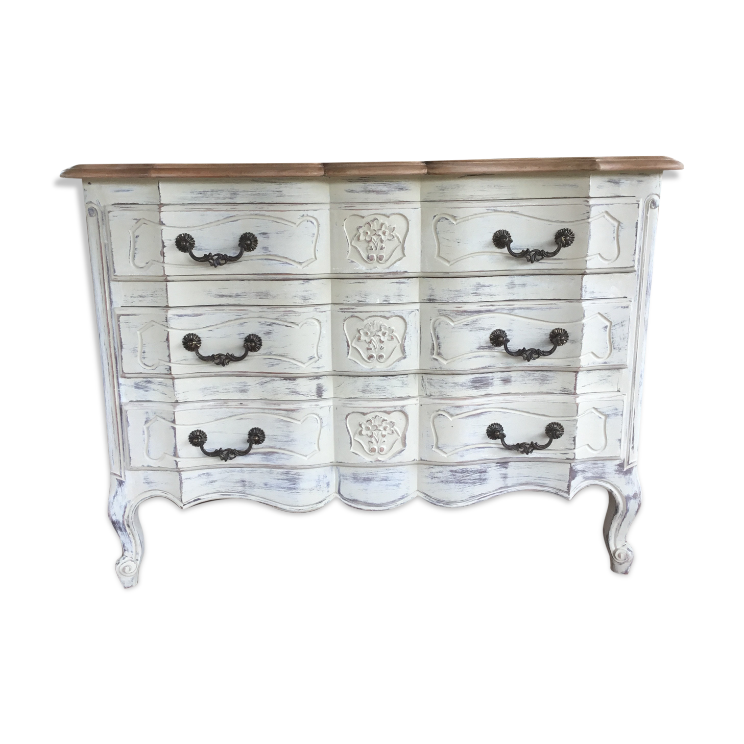 Louis XV style chest of drawers in cherry 3 drawers patinated linen color