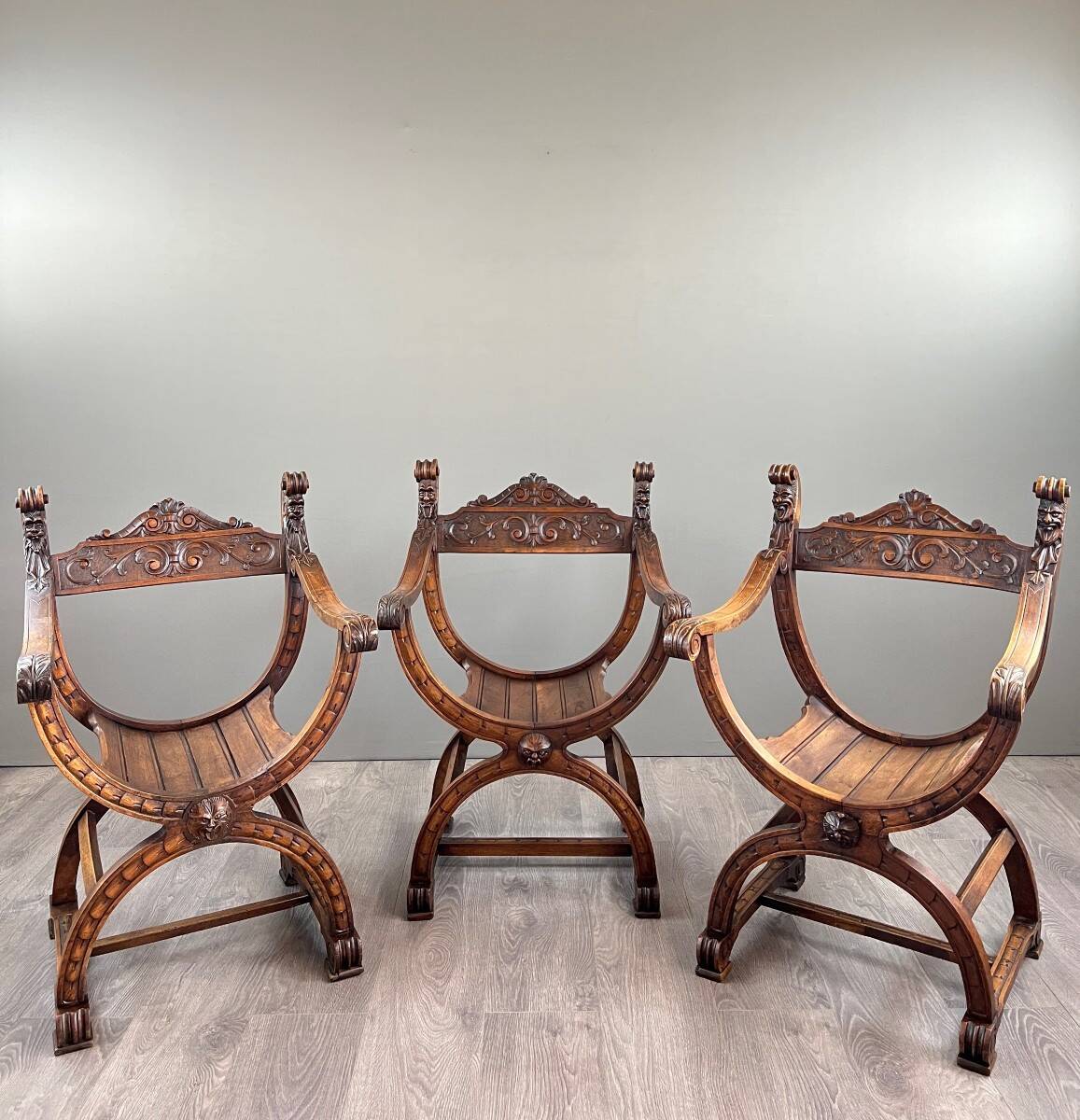 Set of Three Renaissance Style Armchairs, 19th Century