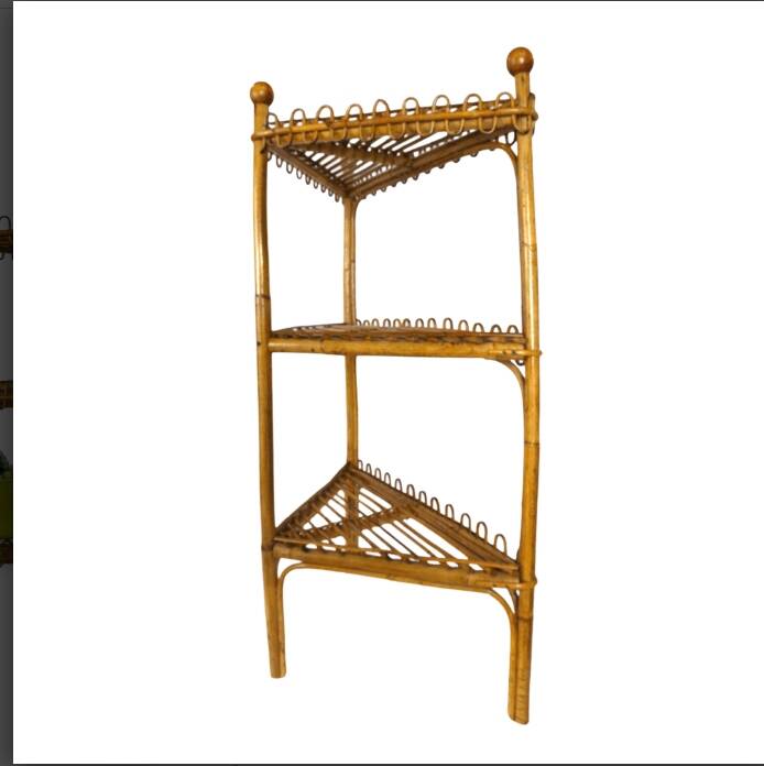 Étagère d'angle sur pied en bambou et rotin