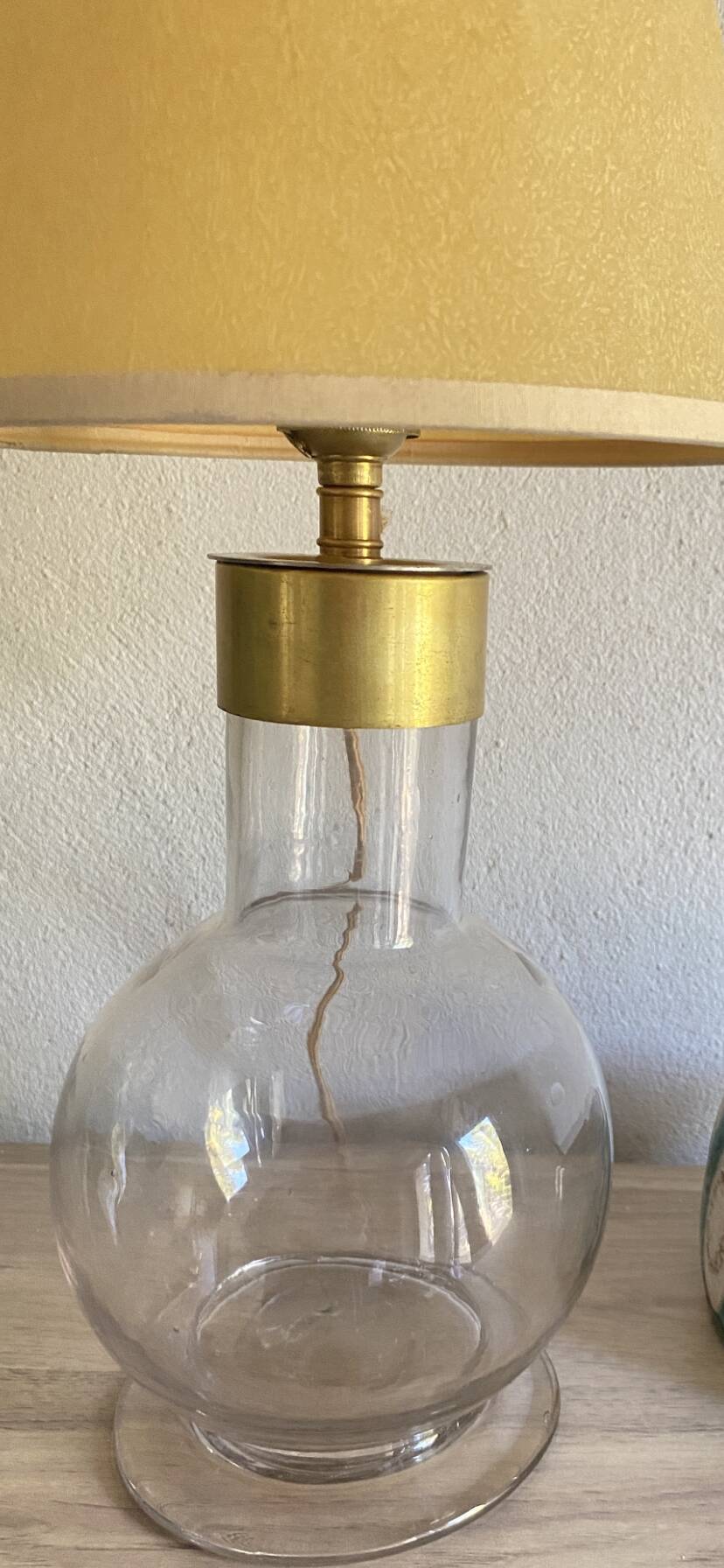 Glass lamp, brass, 2 M fabric cable, 50s lampshade