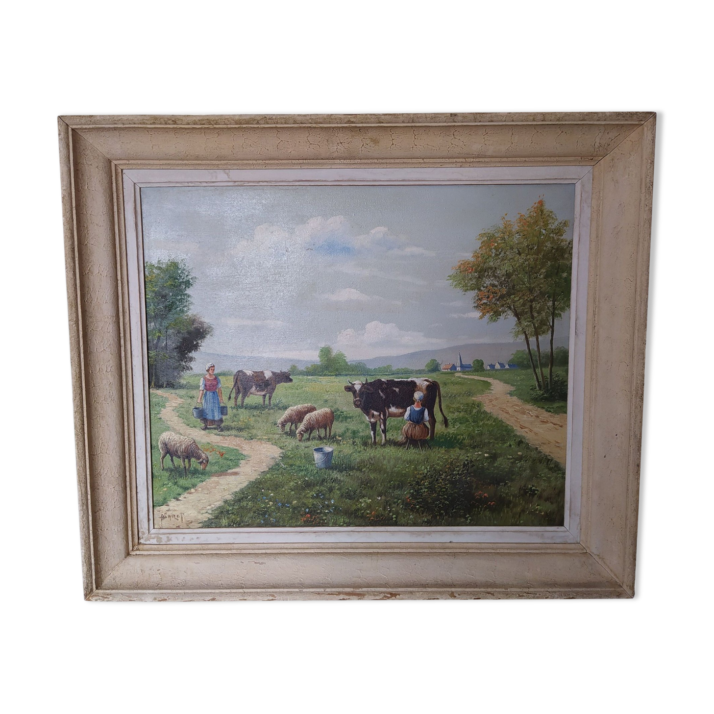 Tableau ancien 1950 la traite des vaches signee R Sarot