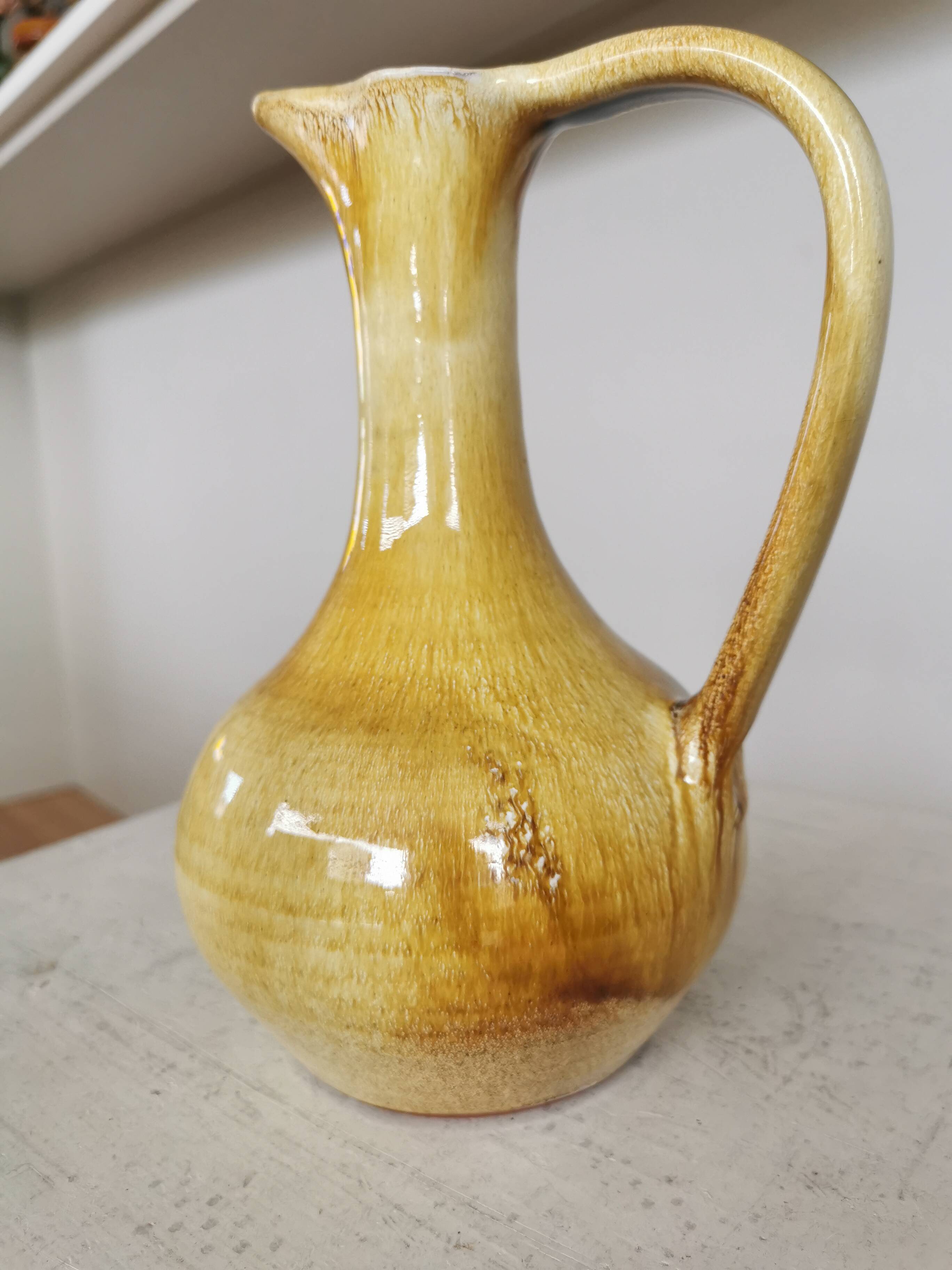 Handmade Ceramic Pitcher: 1970s LKC Pottery, Yellow Brown Glaze
