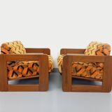 Pair of vintage walnut and velvet fabric sleigh armchairs from the 70s