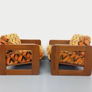 Pair of vintage walnut and velvet fabric sleigh armchairs from the 70s