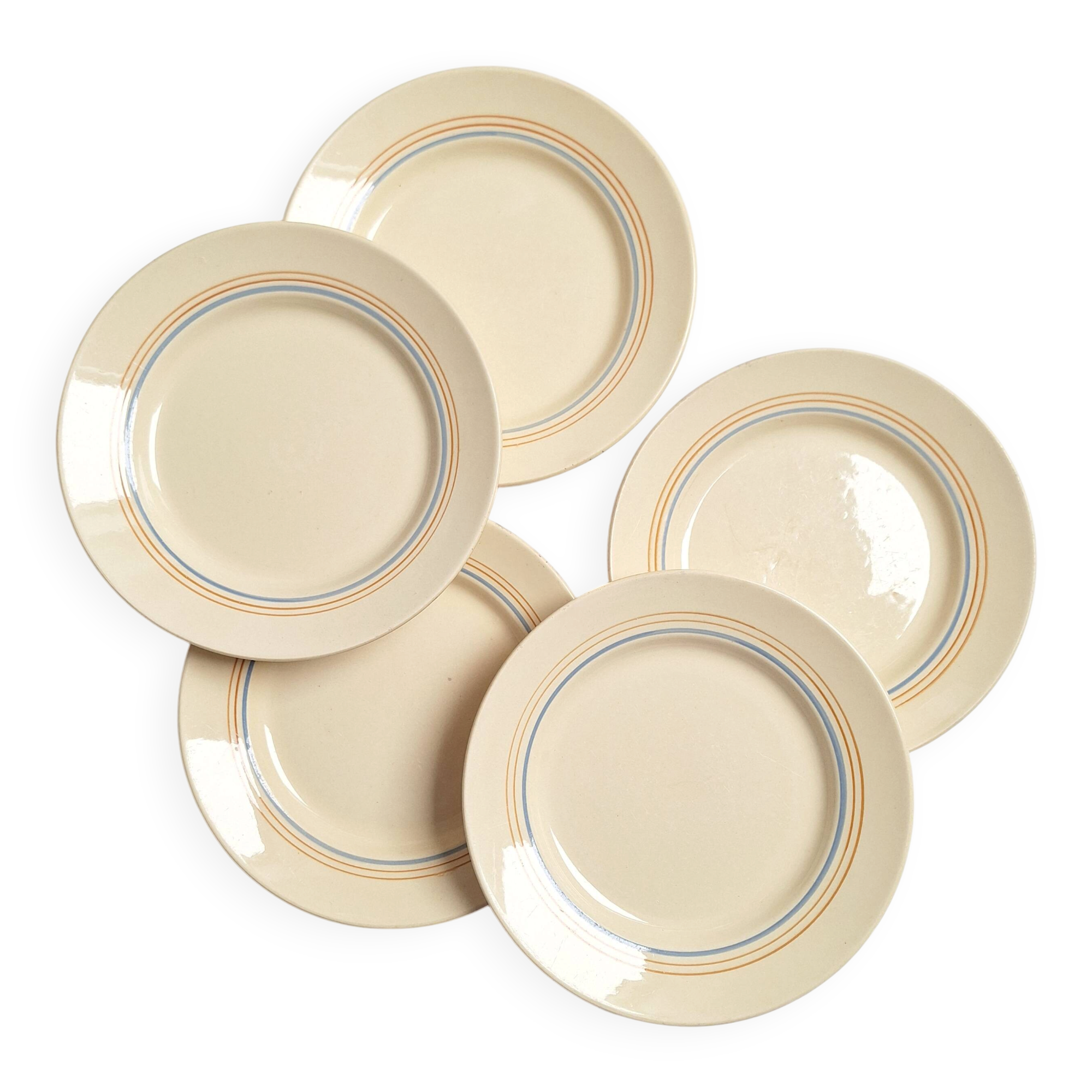 Vintage cream, orange and blue dinner plates.