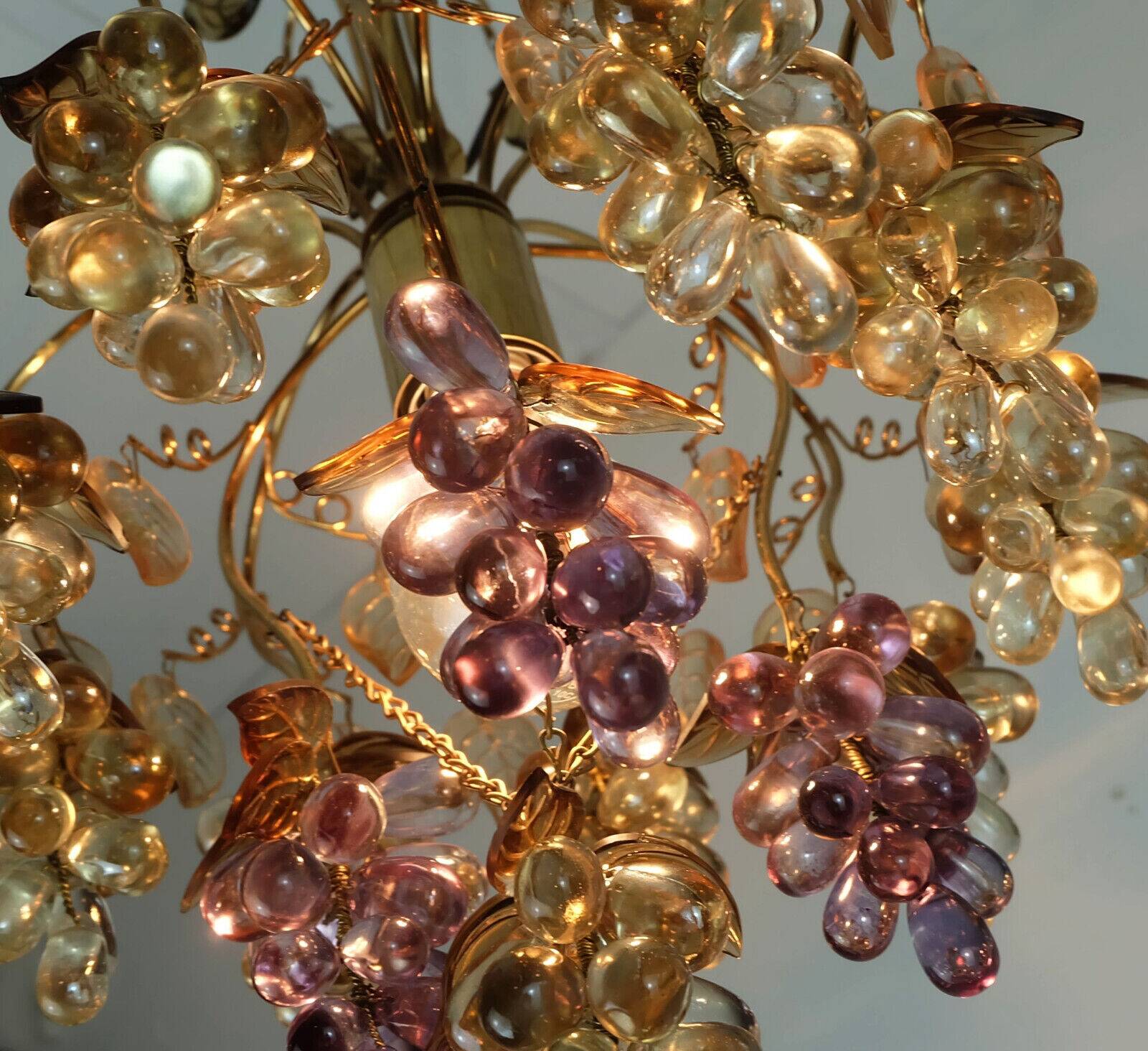 Very rare palwa mid century chandelier 1970s crystal glass and gilt brass grapes and leaves
