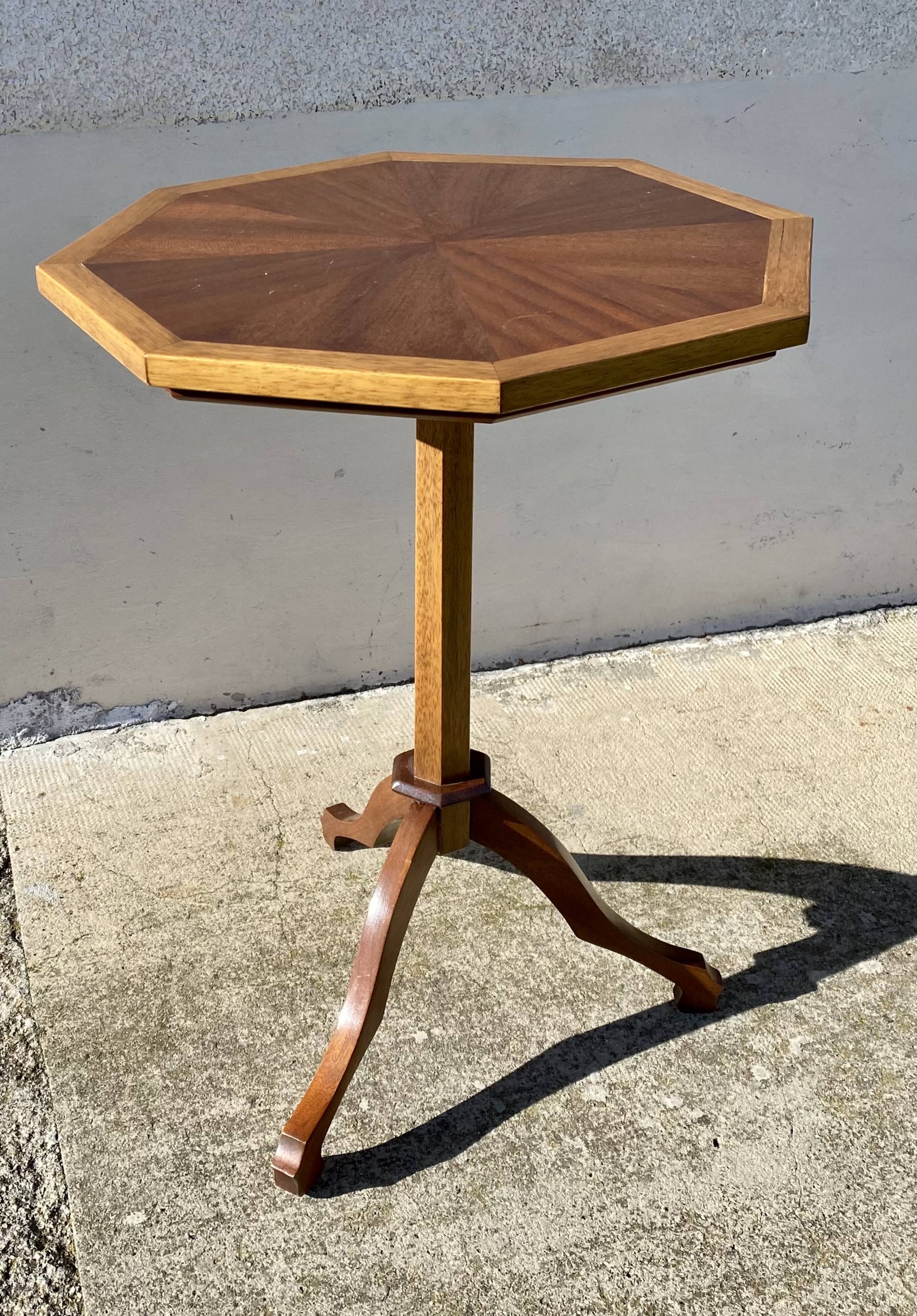 Vintage 1950s wooden tripod side table with octagonal top