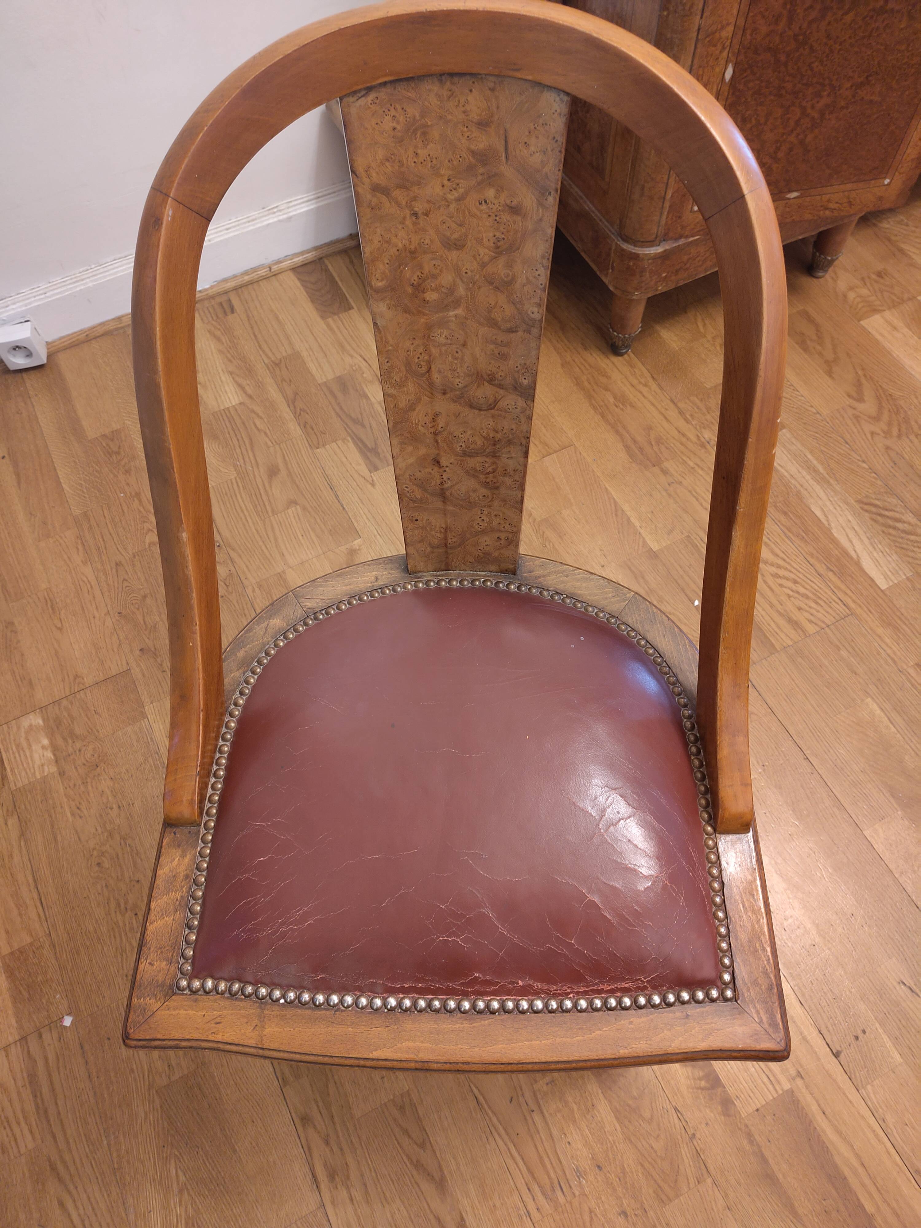 Set of 6 antique chairs - Art Deco style - Wood burl and leather