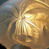 Art Nouveau cut on chrome foot, sculpted glass of cherries, signed G. VALLON