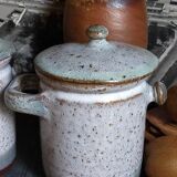 Duo of potter's pots covered in vintage glazed stoneware