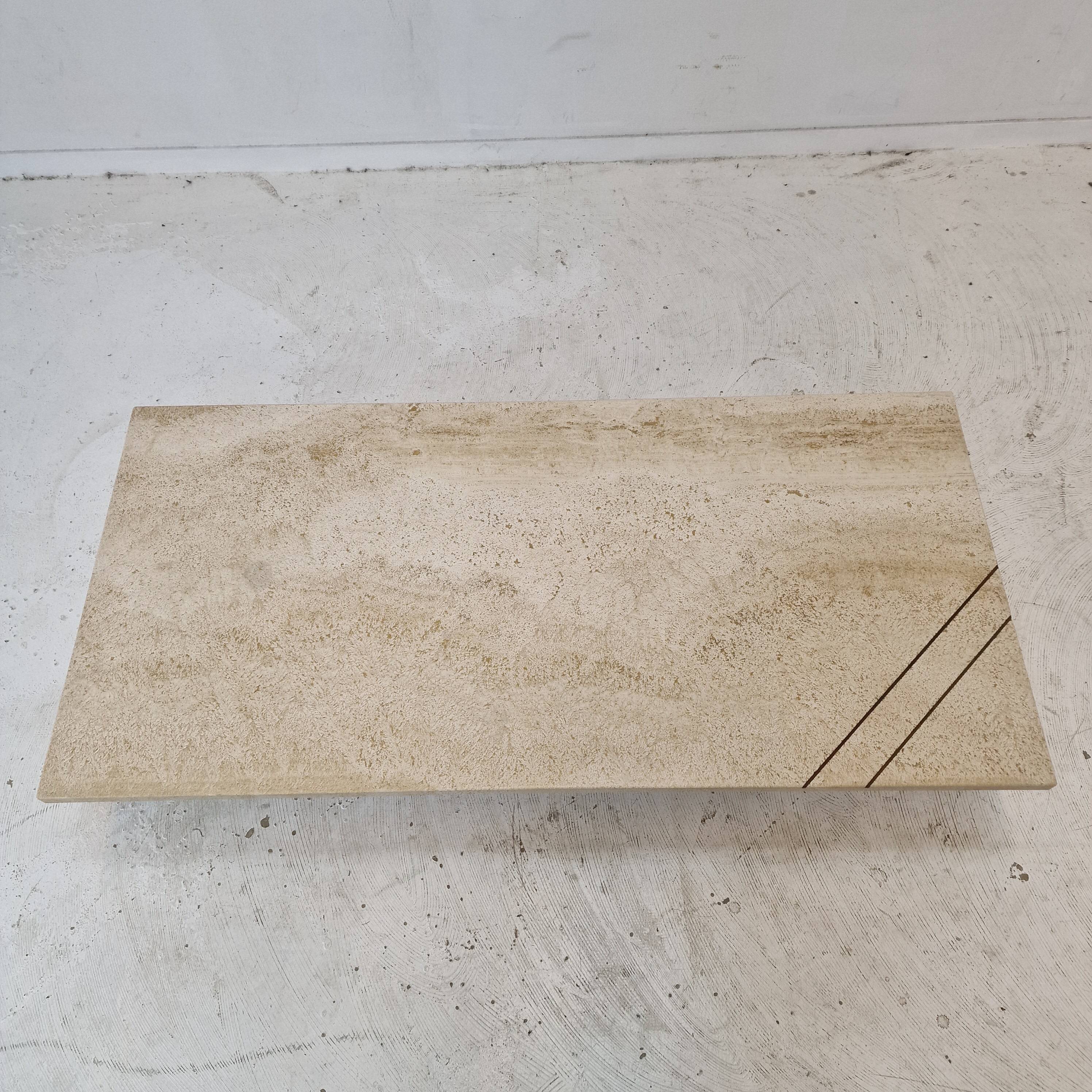 Rectangle Travertine Coffee or Side Table with Brass, Italy 1980s