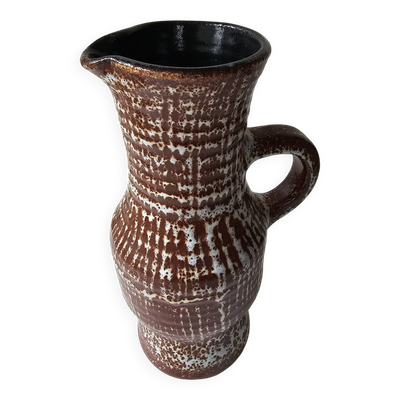 Grand pichet en céramique émaillée marron signé accolay - hauteur 31cm