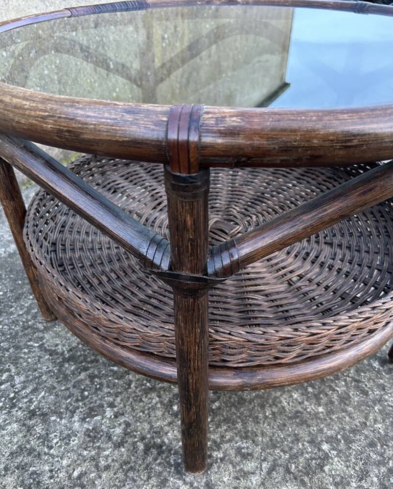 Round rattan and bamboo coffee table, vintage 1960