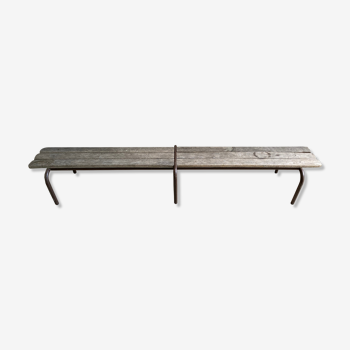 Vintage wooden kindergarten bench and lacquered metal structure Brown Long. 201 cm / High. 30 cm