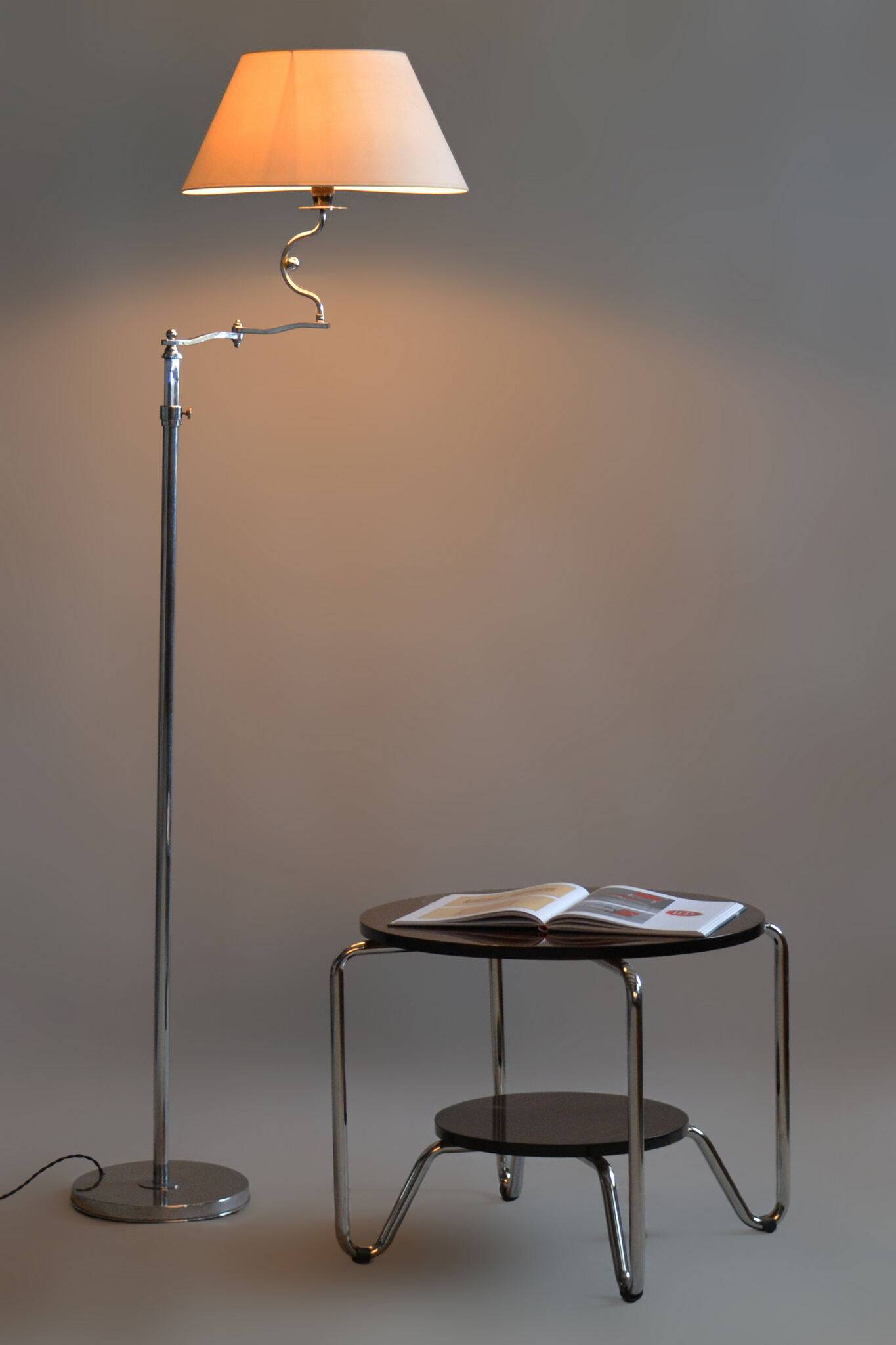 Czech Bauhaus Floor Lamp, Textile Lamp Shade, Chrom-Plated Steel, 1920s