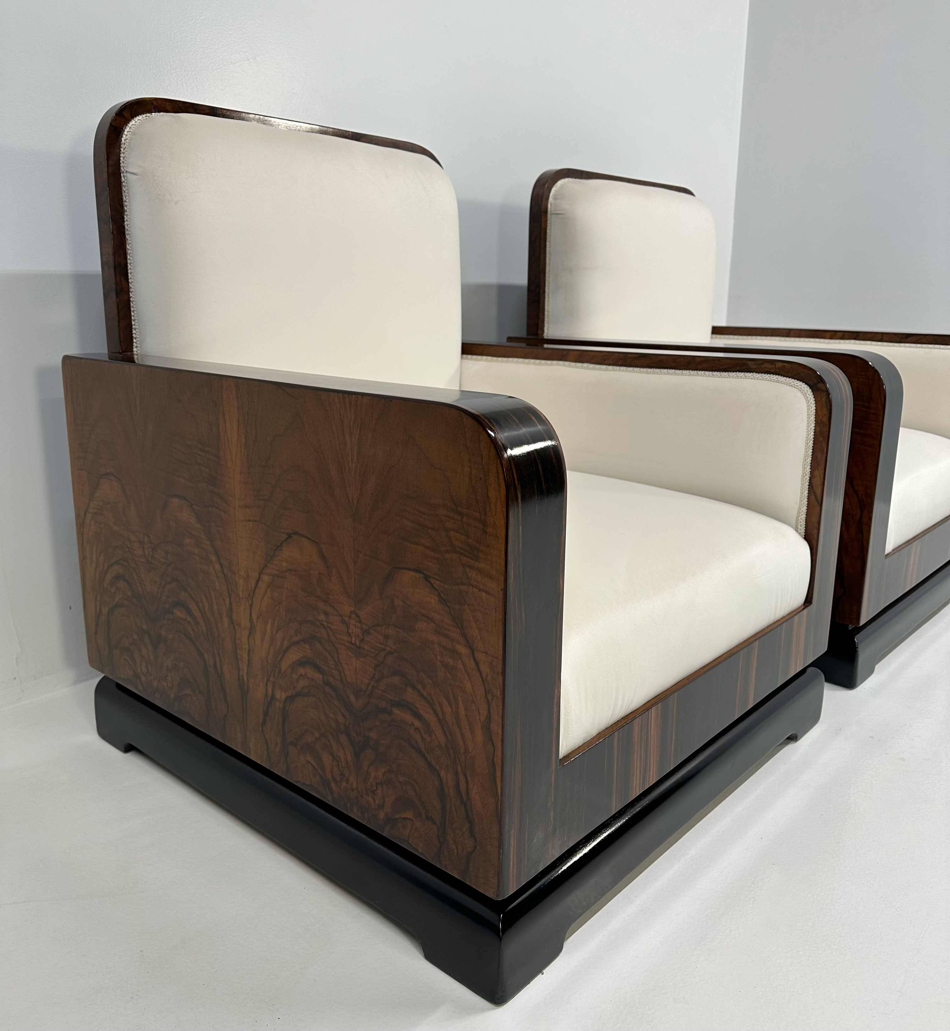 Set of Art Deco Italian Macassar and Walnut Root Armchairs, 1930s