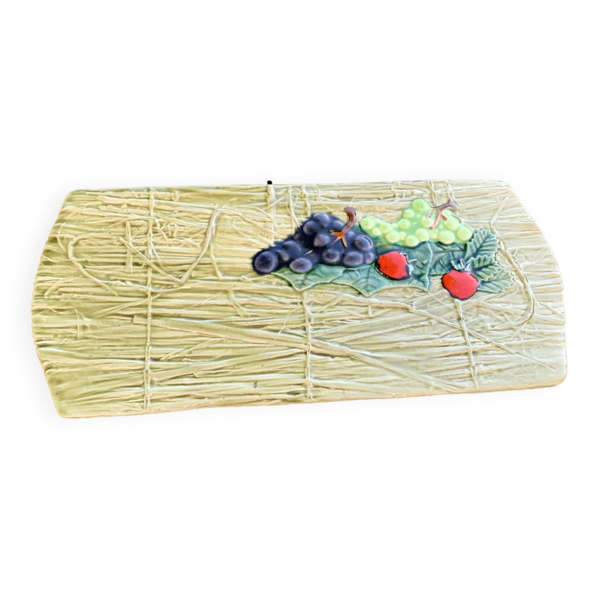 Rectangular cake dish in enameled ceramic, slip, fruit model, straw effect, vintage