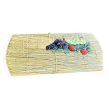 Rectangular cake dish in enameled ceramic, slip, fruit model, straw effect, vintage