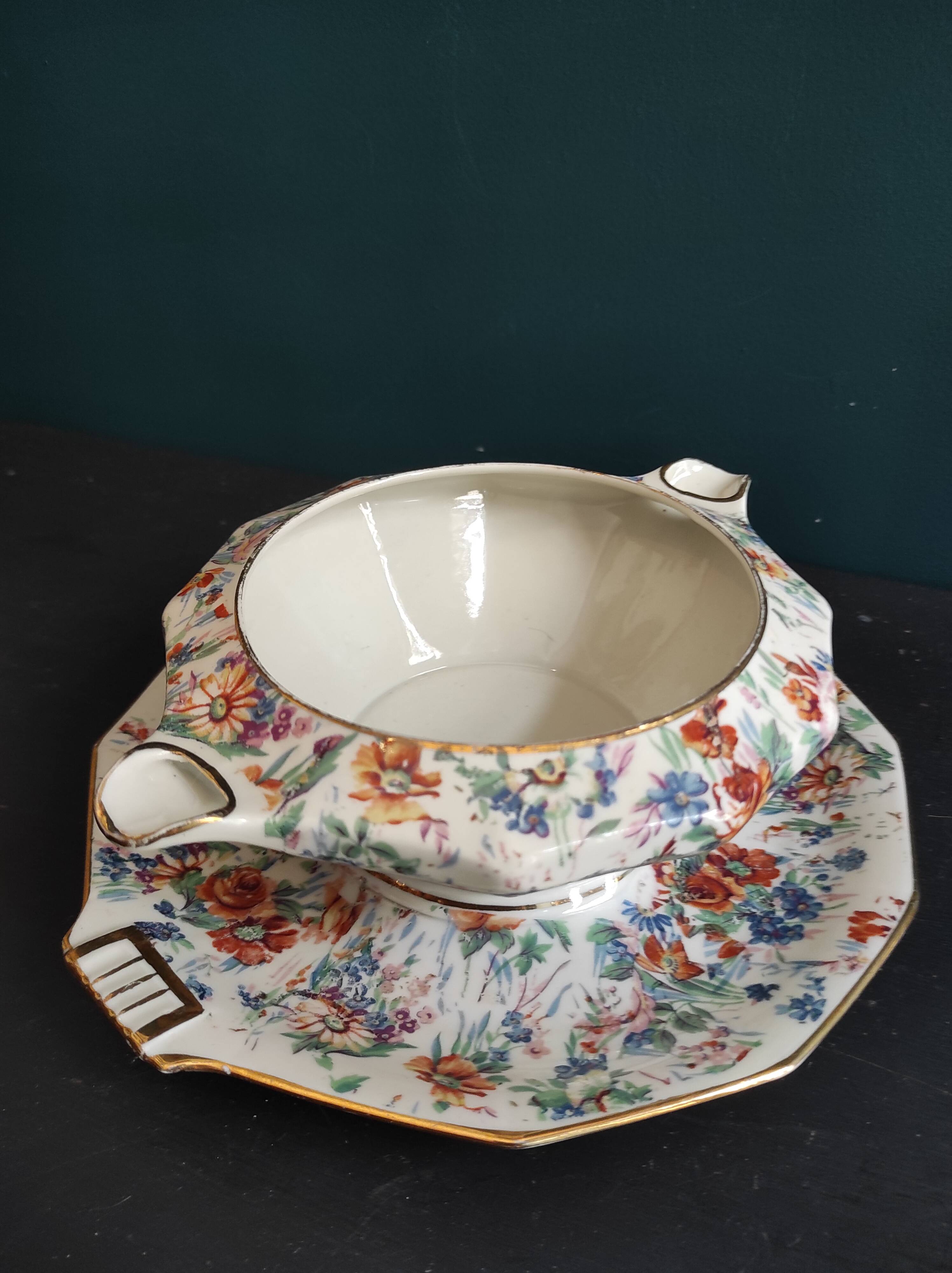 Vintage French serving sauce boat from La Tallec, Limoges, with colourful floral decoration