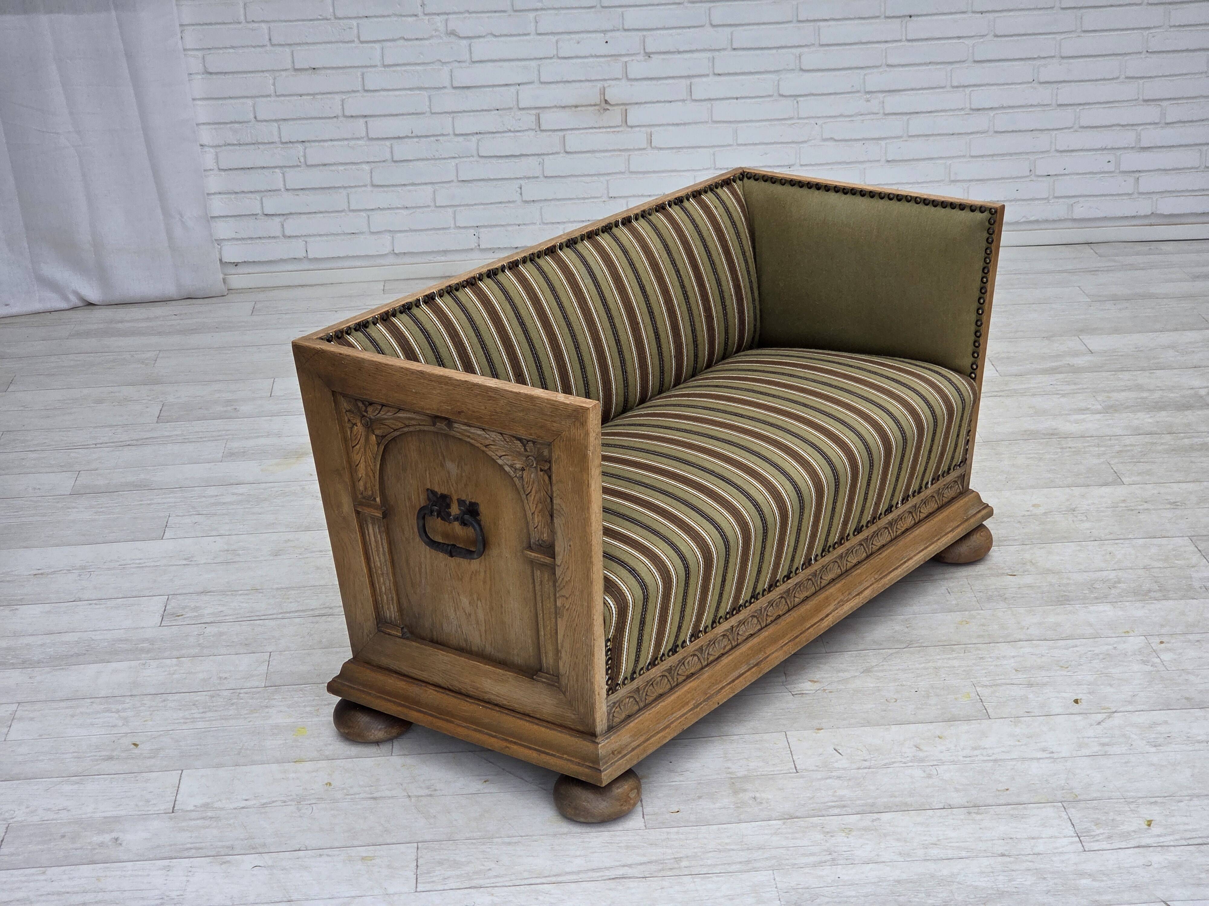 1950s, Danish 2-seater sofa, green furniture wool, oak wood.