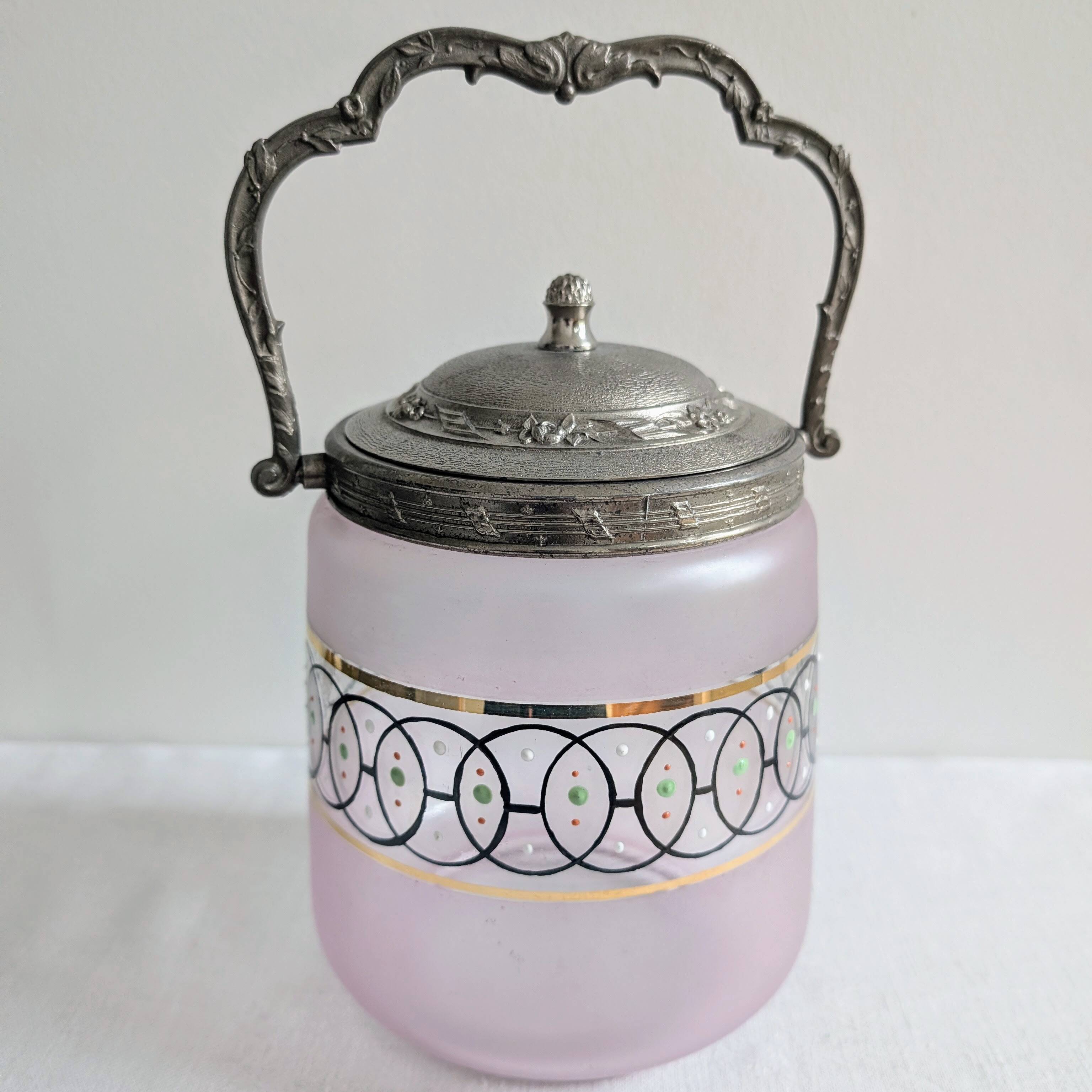 Antique glass bonbonnière in frosted violet with metal mount – Art Nouveau style