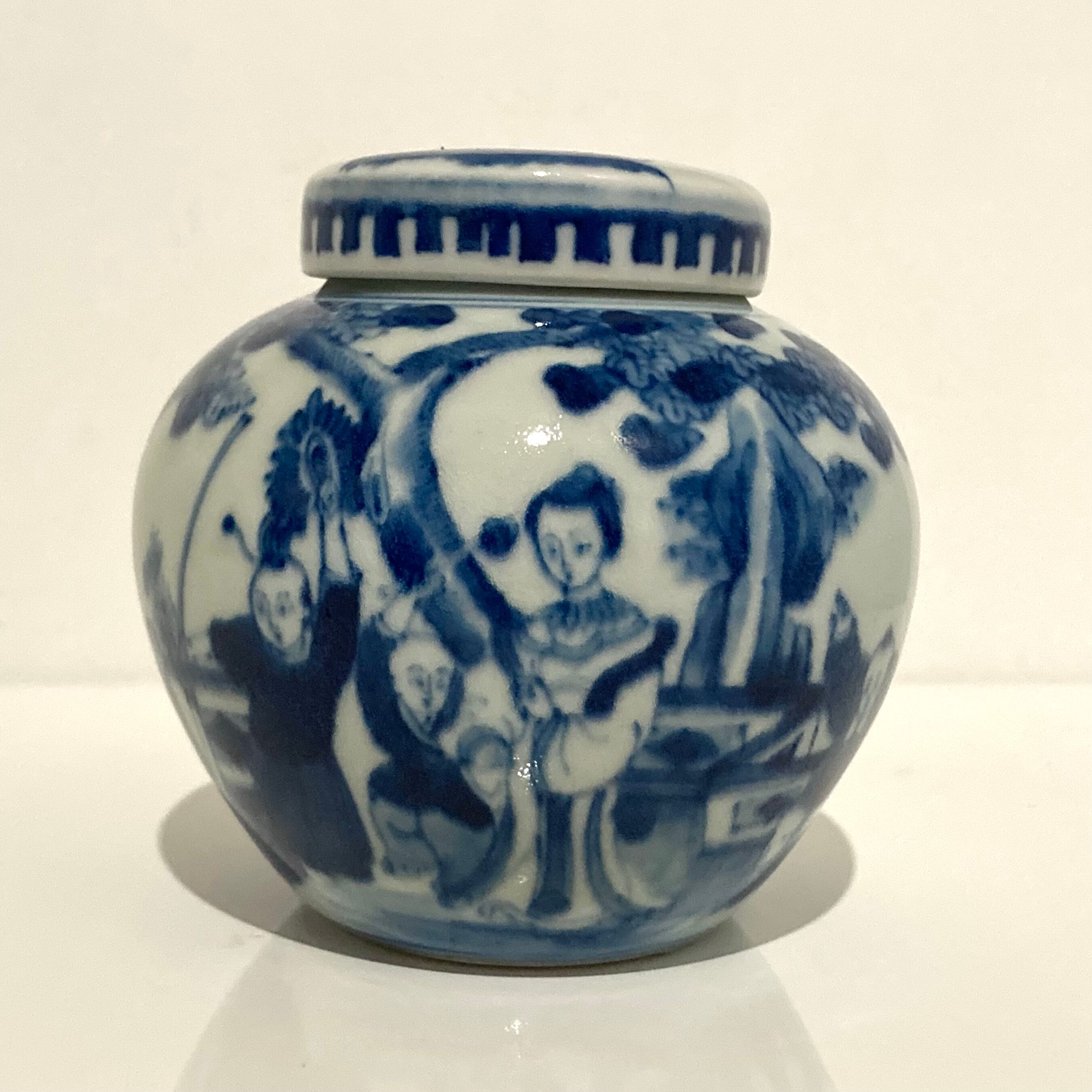 Chinese covered jar in blue white porcelain