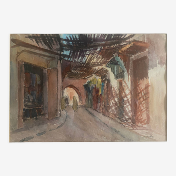 Tableau Aquarelle "Ruelle de la Medina" Maroc Orientaliste par Denise Richier