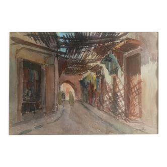 Tableau Aquarelle "Ruelle de la Medina" Maroc Orientaliste par Denise Richier