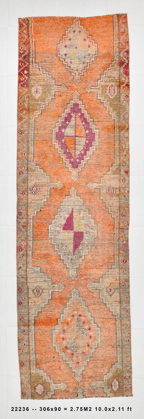 Pink & Orange Oriental Pattern Turkish Runner Rug, 90x306Cm