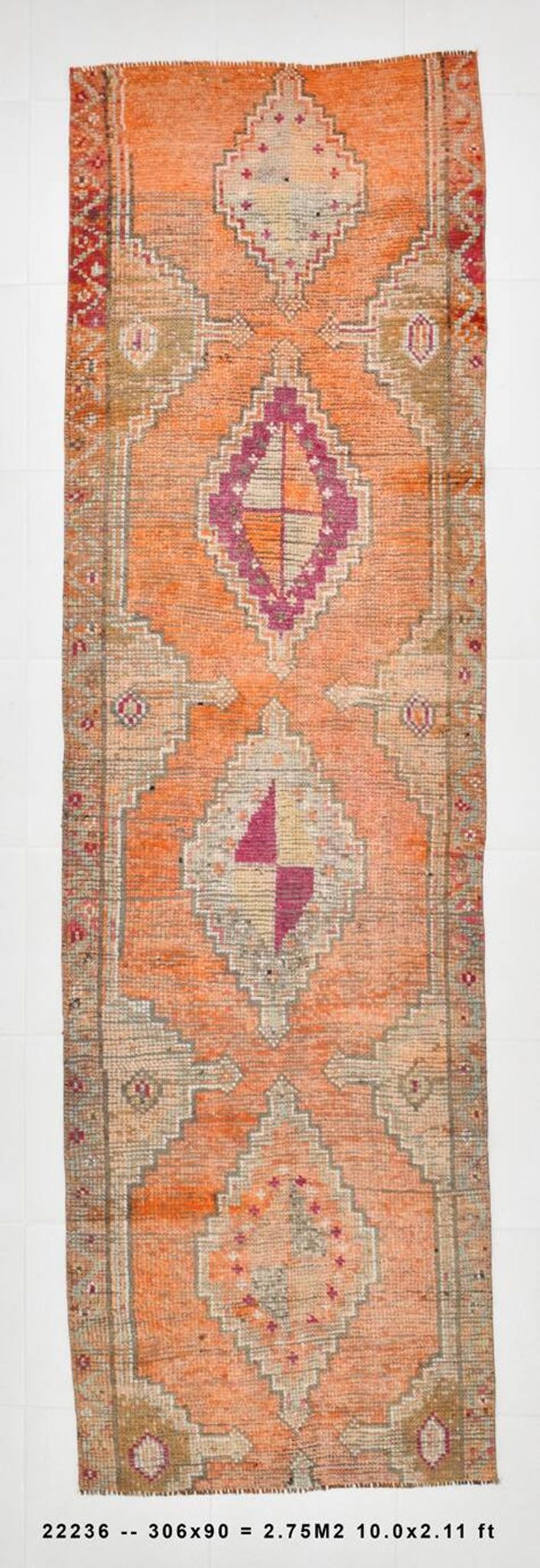 Pink & Orange Oriental Pattern Turkish Runner Rug, 90x306Cm