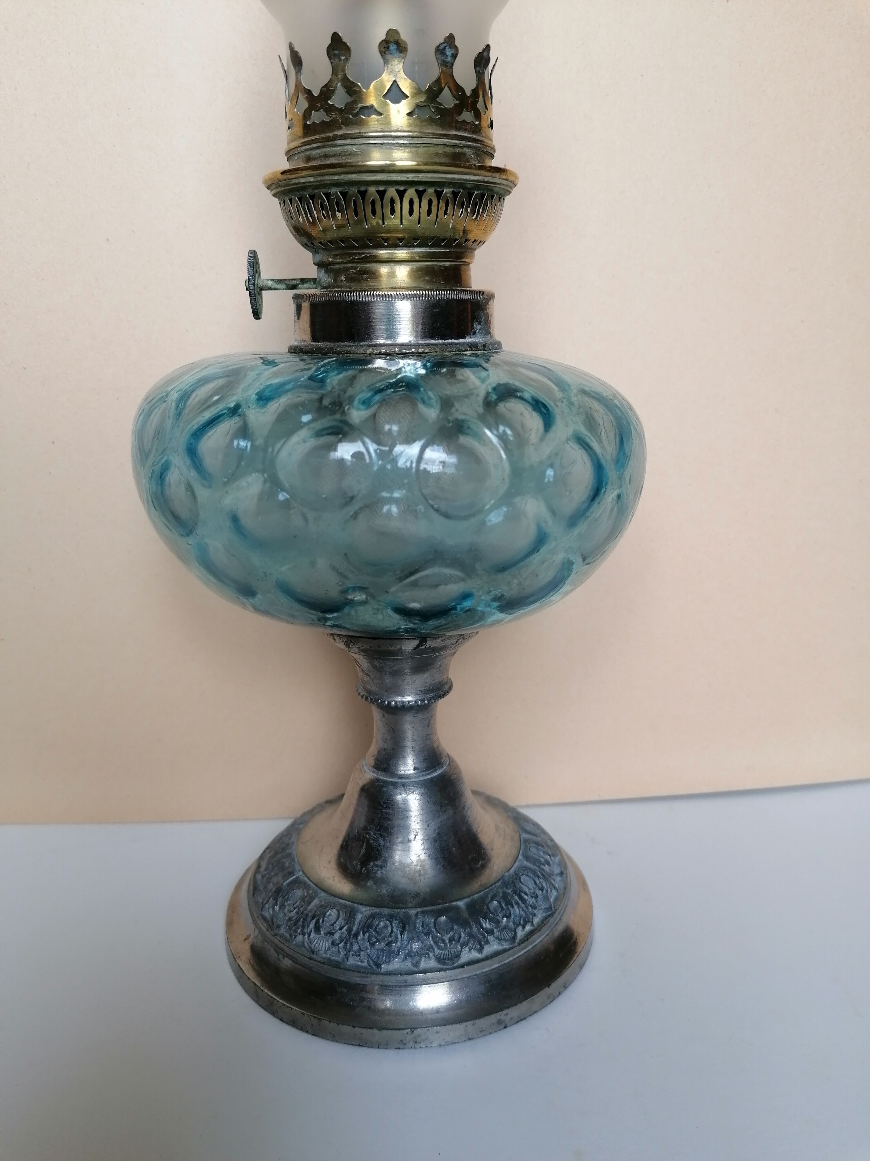 Blue glass kerosene lamp