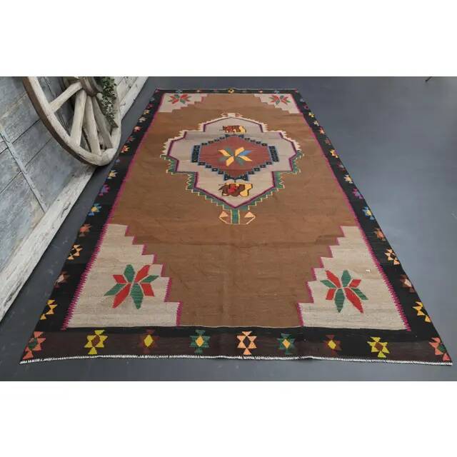 1970s vintage Turkish Oushak handmade wool cotton brown area rug 180x345