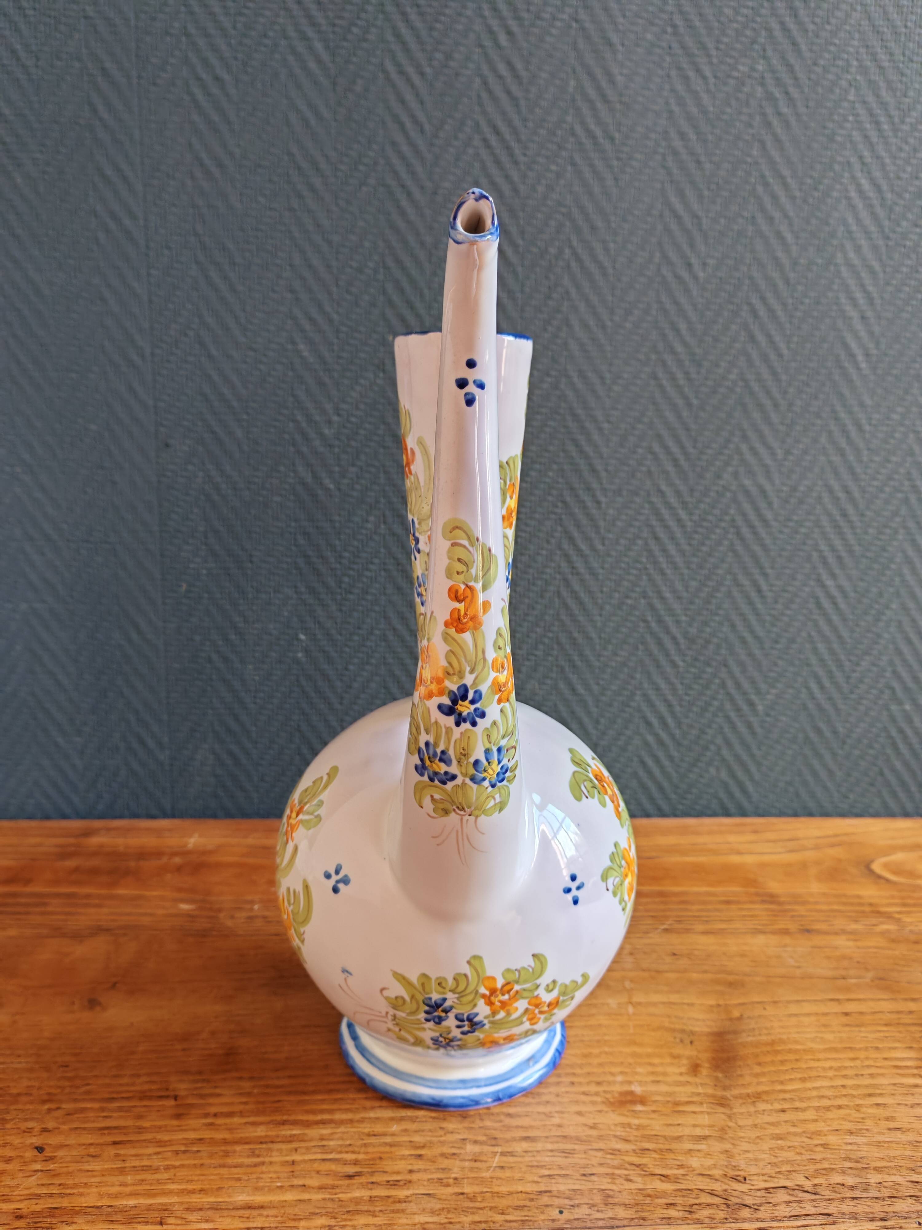 Vintage Glazed Earthenware Ewer/Pitcher – Hand-Painted Floral Decoration