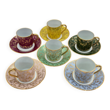 Suite de 6 tasses à moka multicolores en porcelaine d’art de Limoges