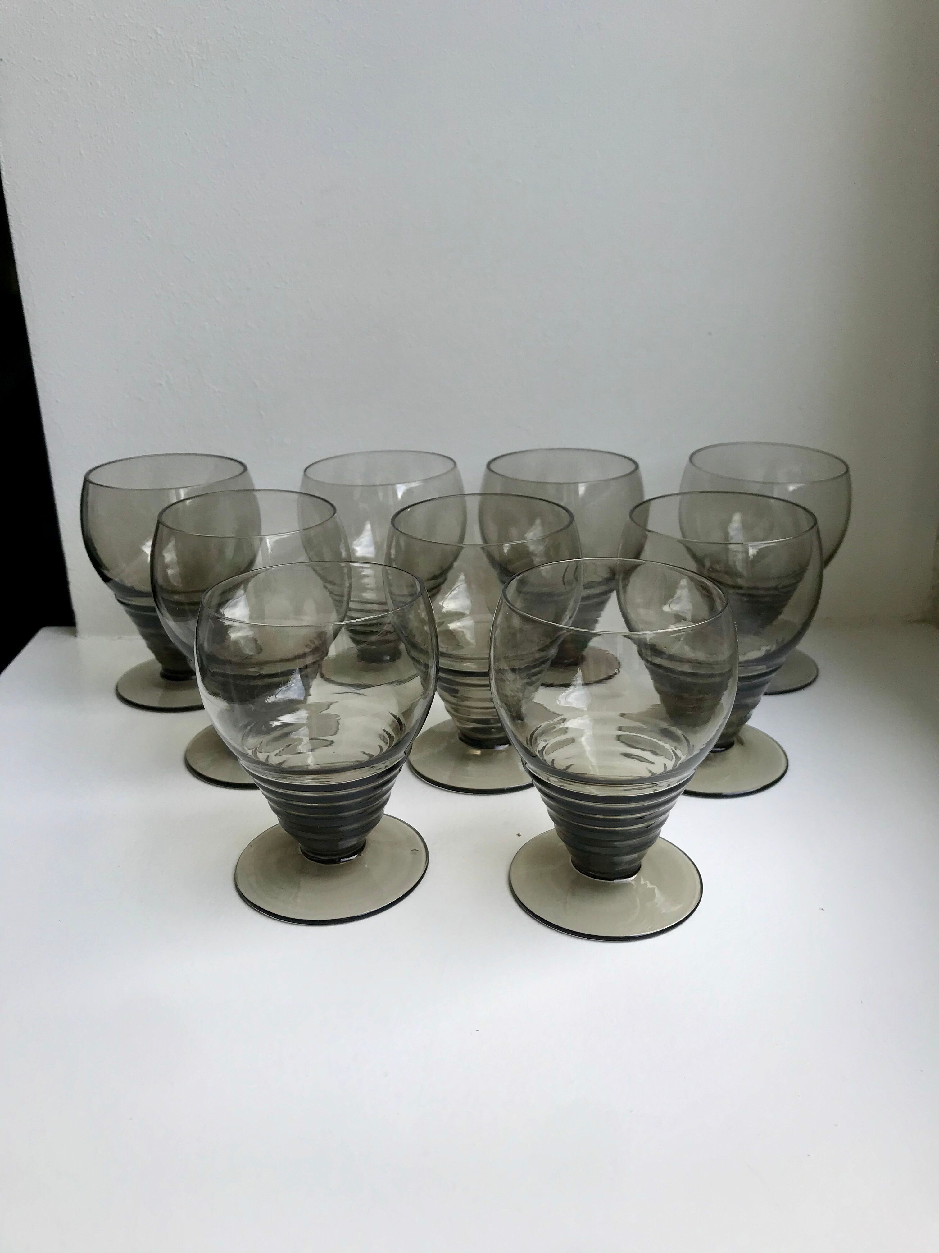 Set of 9 art deco liqueur glasses in smoked glass 30-40s