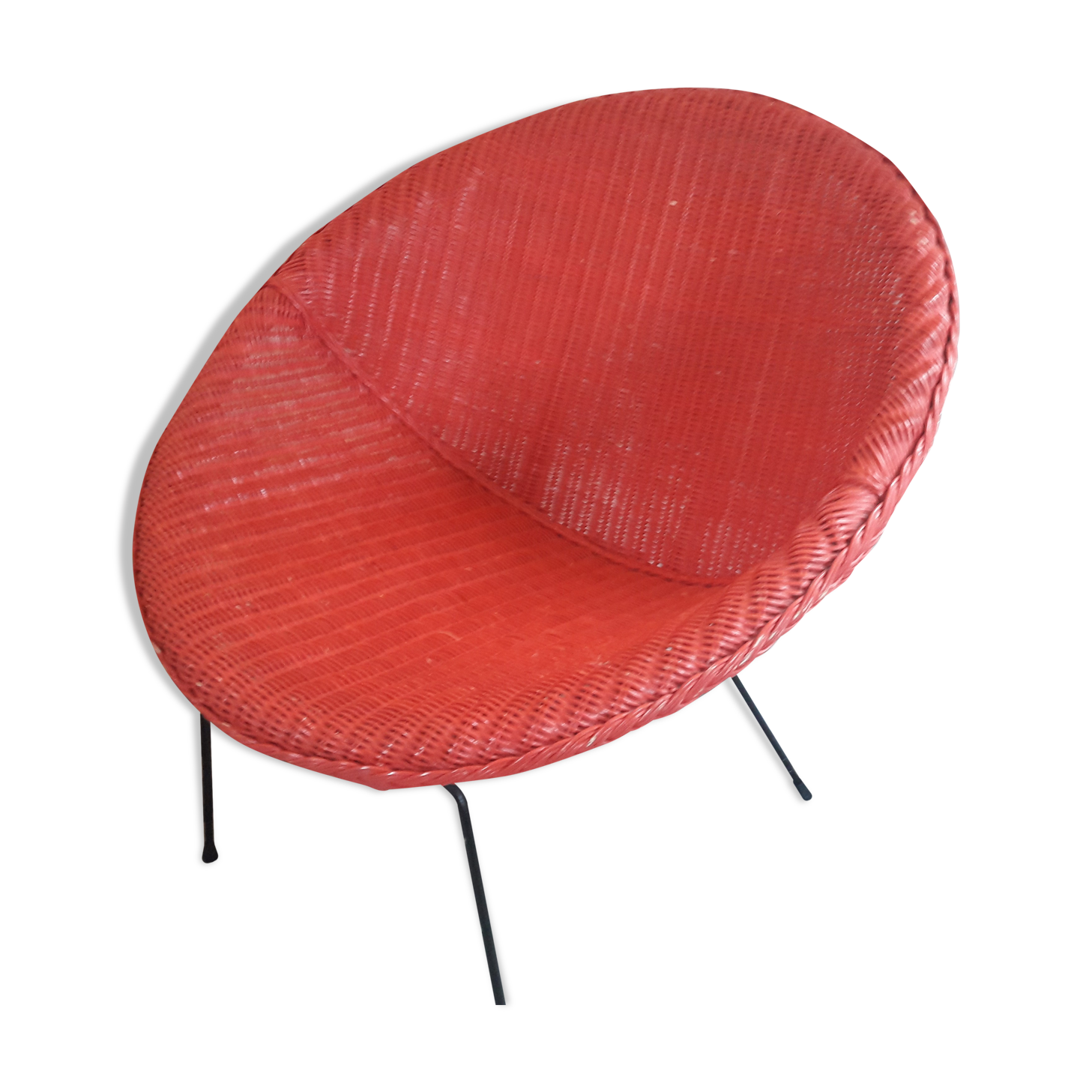 Armchair basket red vintage style frame metal seat wicker rattan scoubidou