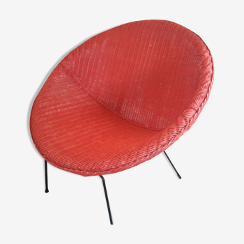 Armchair basket red vintage style frame metal seat wicker rattan scoubidou