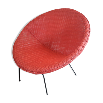 Armchair basket red vintage style frame metal seat wicker rattan scoubidou