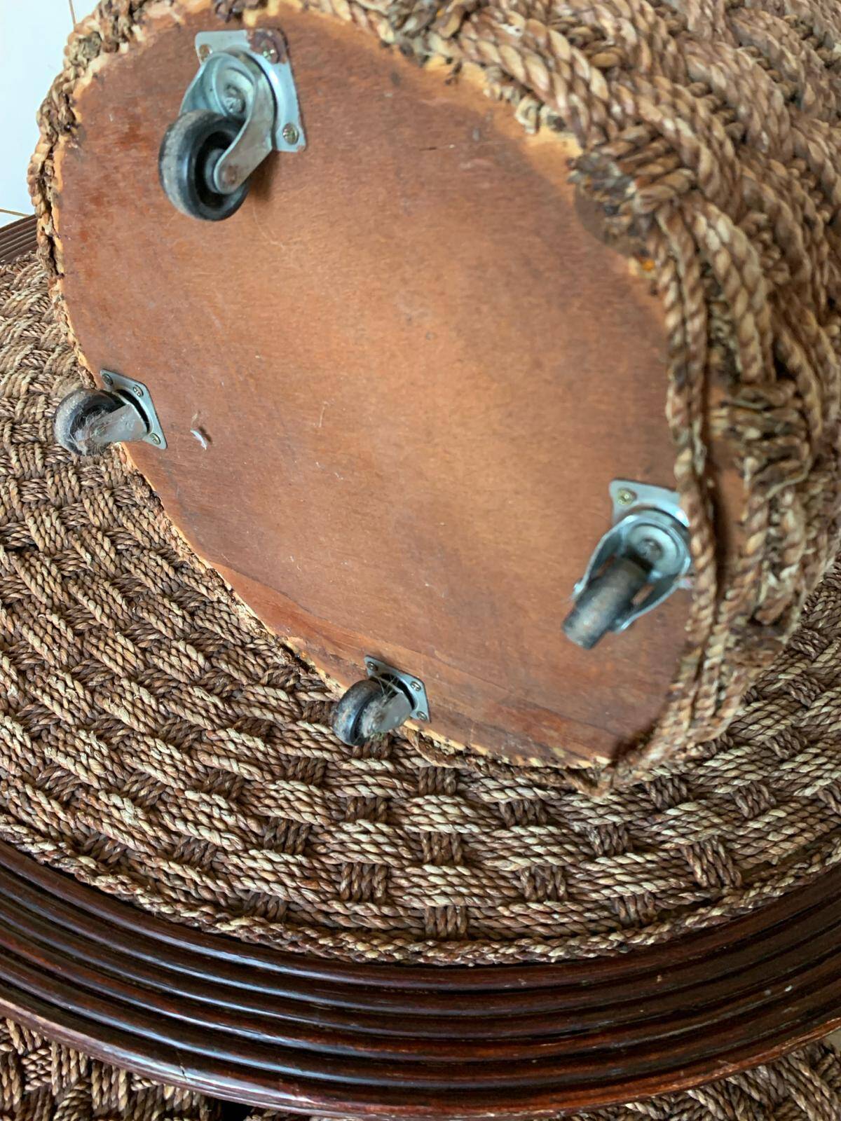 Vintage woven rope and rattan coffee table with 4 stools