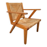 Dutch Modernist Brutalist Wooden Armchair with Rush Seat, 1940s