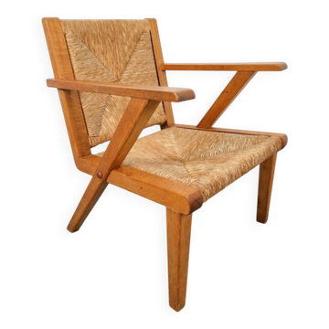 Dutch Modernist Brutalist Wooden Armchair with Rush Seat, 1940s