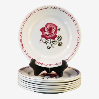 8 assiettes plates badonviller rose rouge