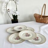6 vintage dessert plates - White porcelain floral pattern and golden edging