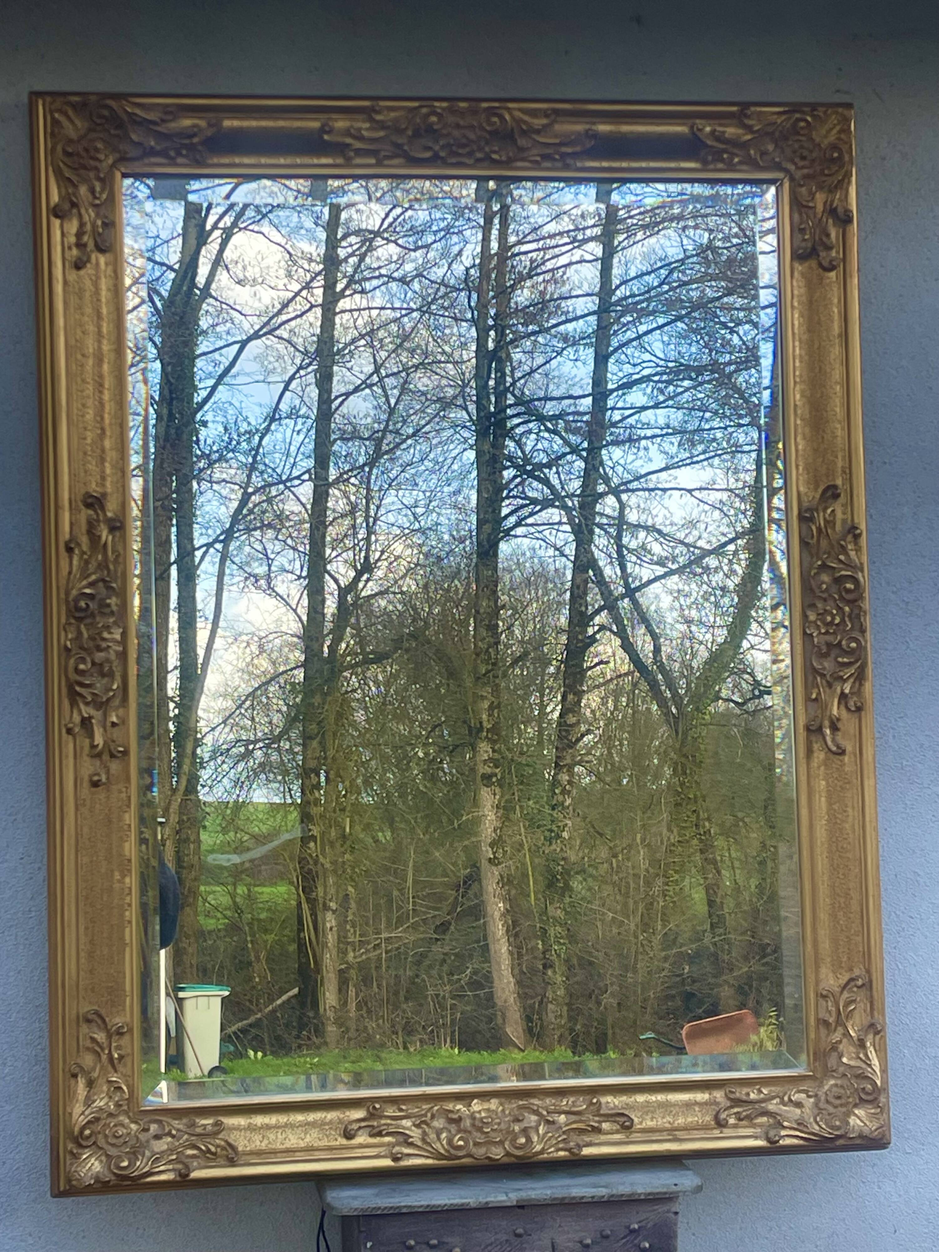 vintage bevelled mirror in rectangular shape, stucco and gilded wood in Louis XV baroque style