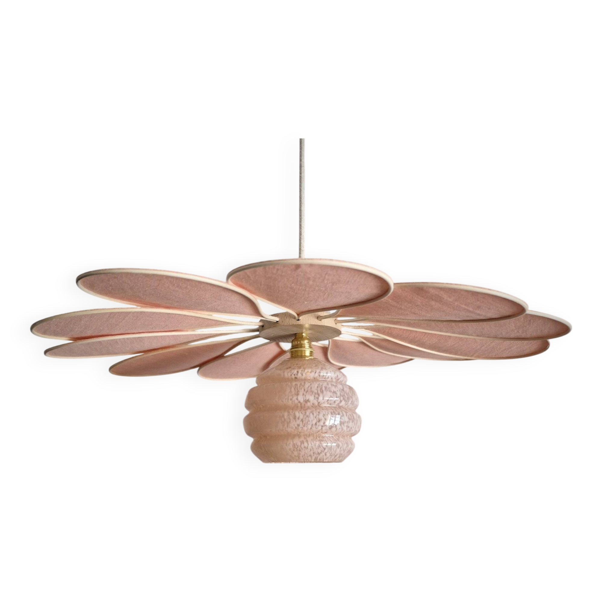 Rattan and Pink Linen Flower Pendant Light and Vintage Clichy Glass Globe