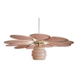 Rattan and Pink Linen Flower Pendant Light and Vintage Clichy Glass Globe
