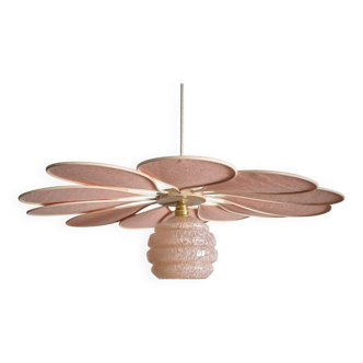 Rattan and Pink Linen Flower Pendant Light and Vintage Clichy Glass Globe