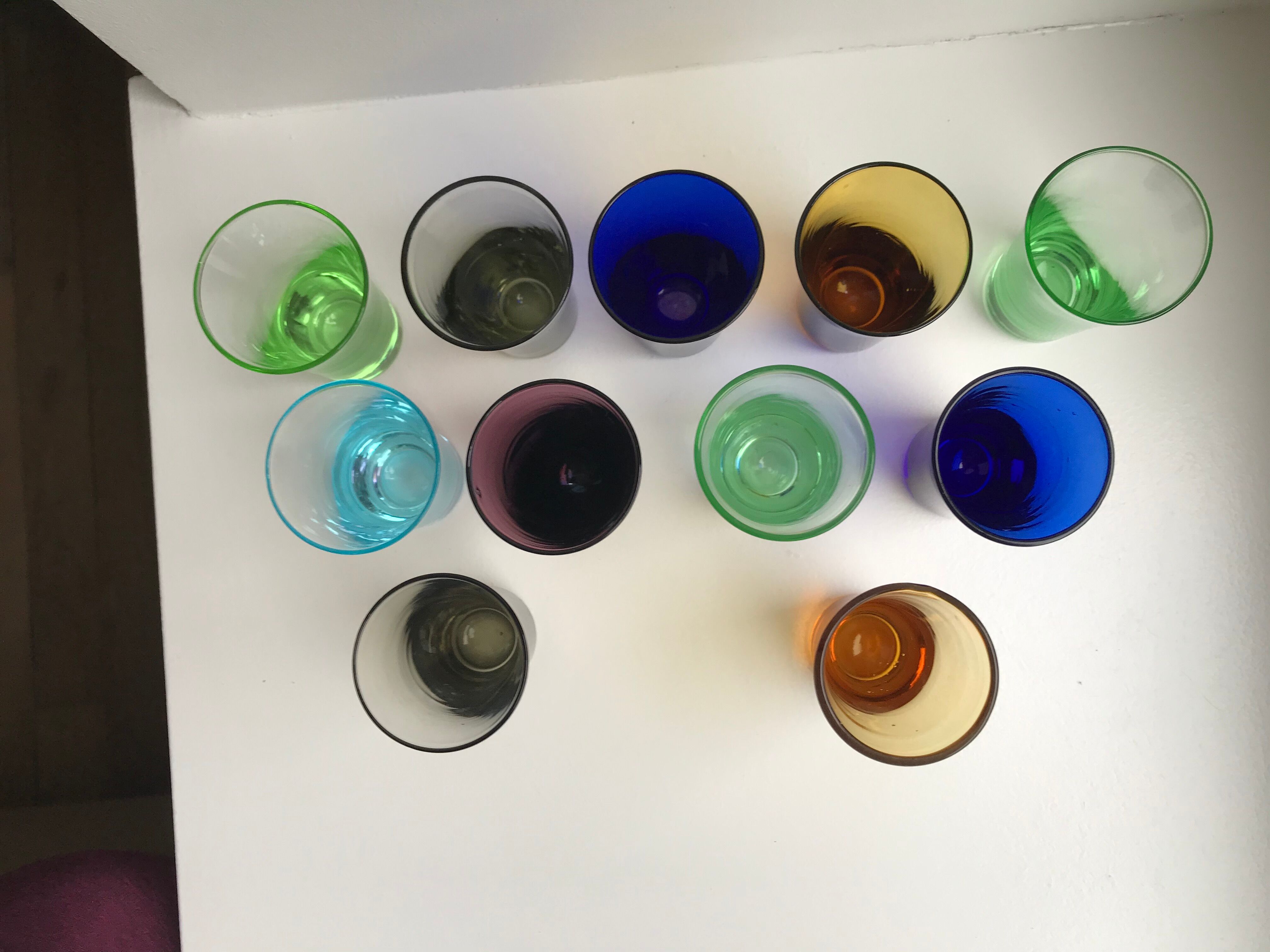 Set of 11 colored glass shot glasses 70s