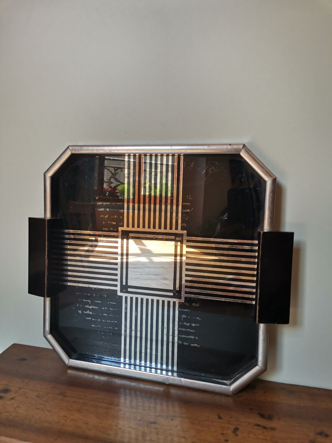 Vintage art deco top wood mirror, metal and mirror with geometric design lines