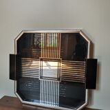 Vintage art deco top wood mirror, metal and mirror with geometric design lines